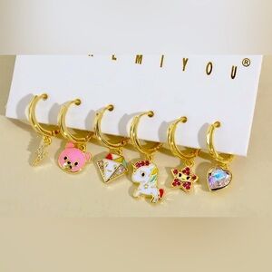 14K Gold Plated Tokidoki Theme Huggie Hoop Asymmetrical Mismatched Earrings Set